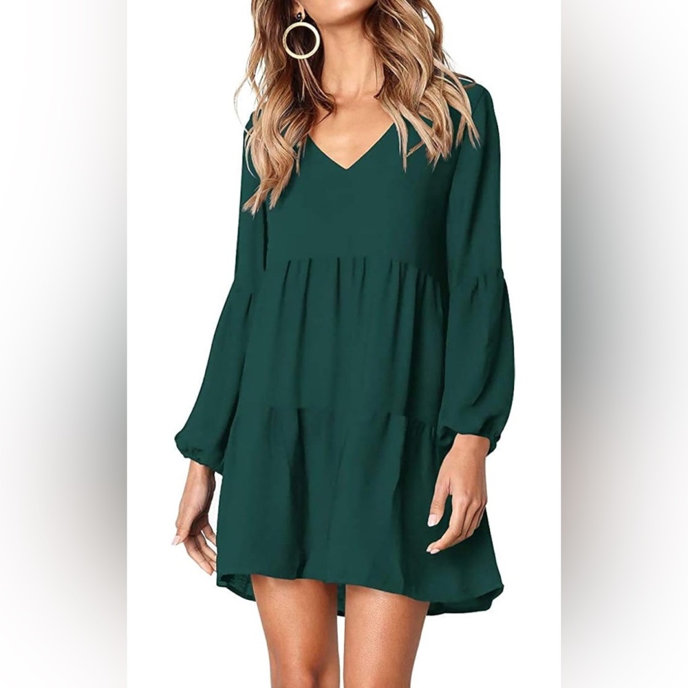 Sherosa Women’s Long Sleeve Tunic Dress Ruffle V Neck Swing Shift Dress Size L
